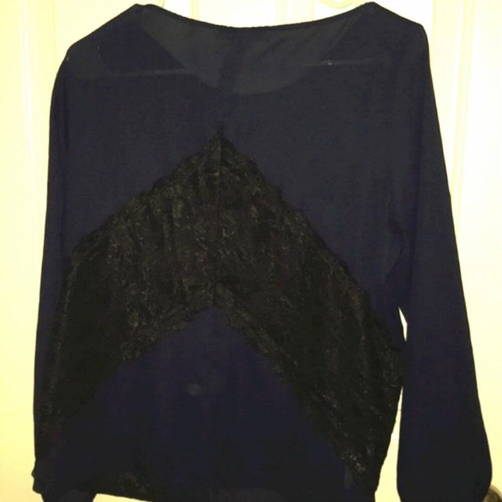 LOFT long sleeve shirt navy with lace accent LP - Picture 2 of 6
